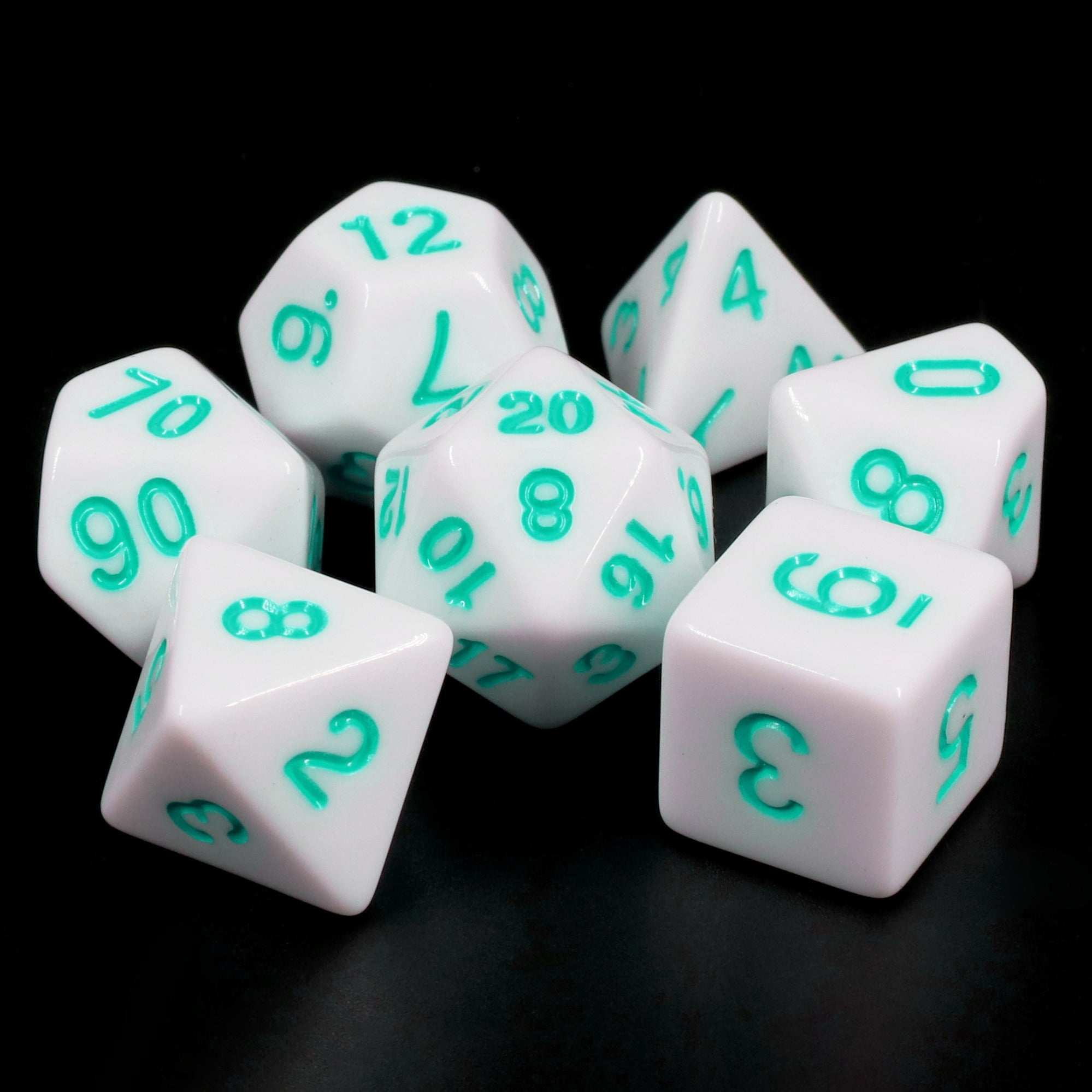 A&H Dice: White Opaque with Teal Font - Poly 7 Die Set