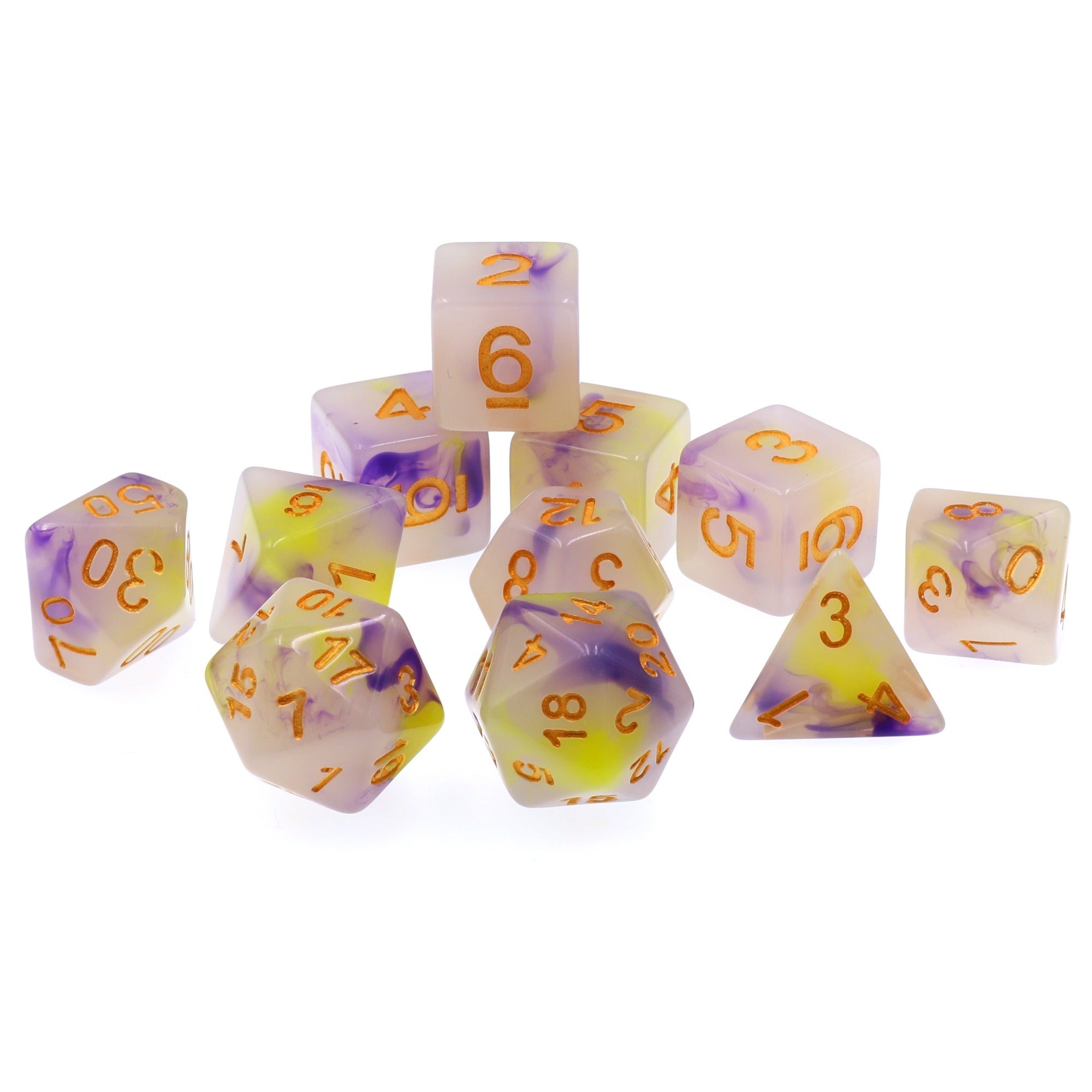 A&H Dice: Jade - Yellow & Purple - Poly 11 Die Set
