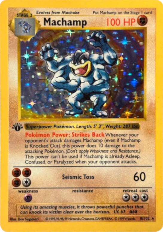 1995 machamp pokemon card Vintage 1995, 96, 98 Nintendo Pokemon Machamp Holographic 1st Edition Playing Card, Rare