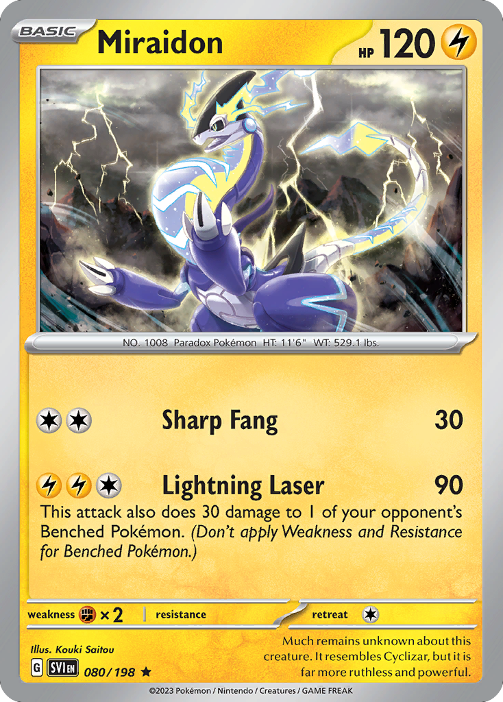 shiny miraidon pokemon card POKMON GAME sv1V 094/078 SR ex RarityRare Hit Points110 HP Colorless Peak Accelerating (40 Search your deck for up to 2 Basic Energy cards and attach them to your Future Pokmon in any way you like Scarlet & Violet (Base Set)