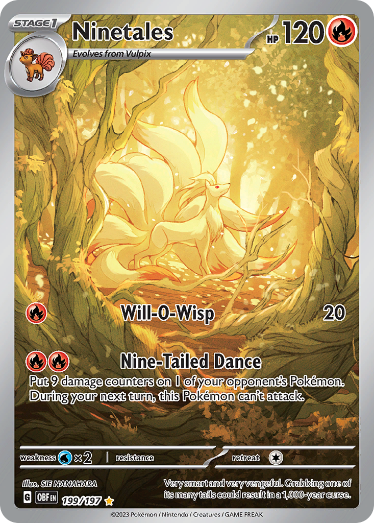 199 197 pokemon card Ninetales IR 199/197 Obsidian Flames Custom Display Case Extended Artwork Near Mint /// Near Mint FoilCards in Near Mint (NM) condition show minimal wear from shuffling Ninetales (199/197) | Alpha Strike