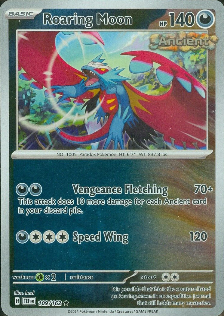 2024 roaring moon pokemon card ex from Terastal Festival. Look at the art work on this guy  your opponent takes 2 Prize cards. Roaring Moon Pokemon Card 140