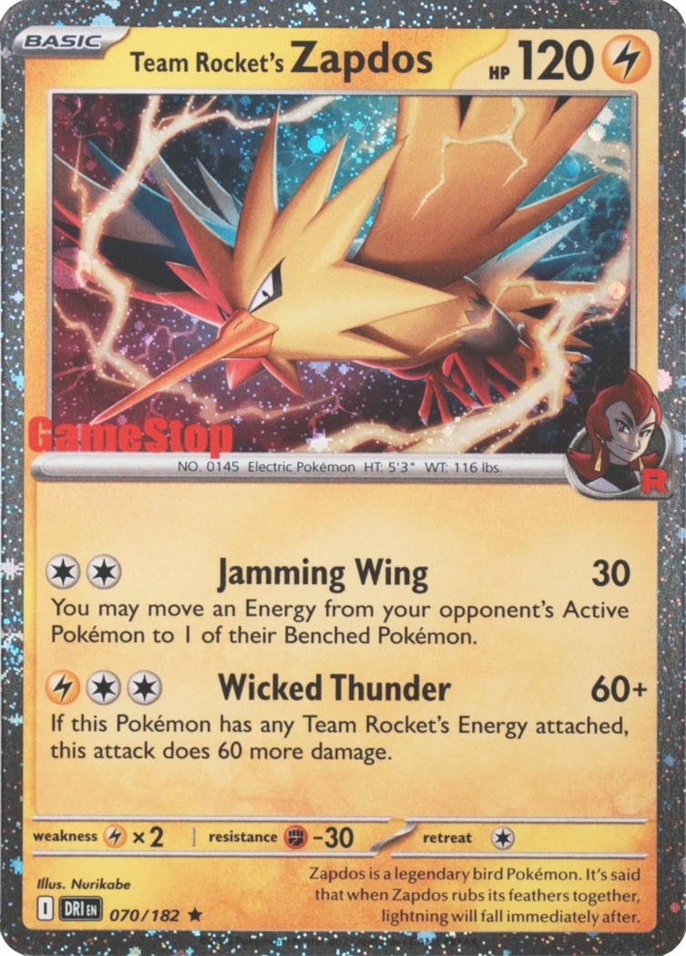 Team Rocket's Zapdos (070/182 — GameStop Stamp)