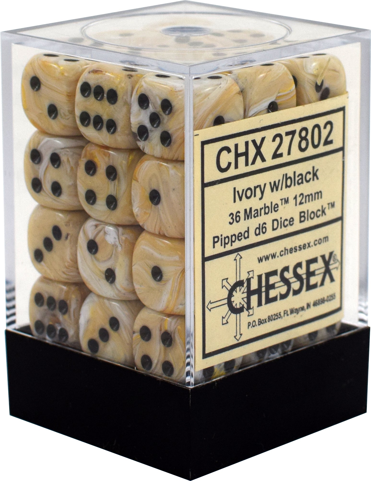 CHX 27802 Ivory/Black Marble 36 Count 12mm D6 Dice Set | Black